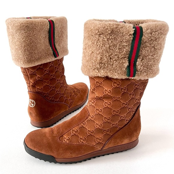 Gucci Shoes - GUCCI | Apres Brown Suede Shearling GG Monogram Web Stripe Ankle Ski Boot EU36.5